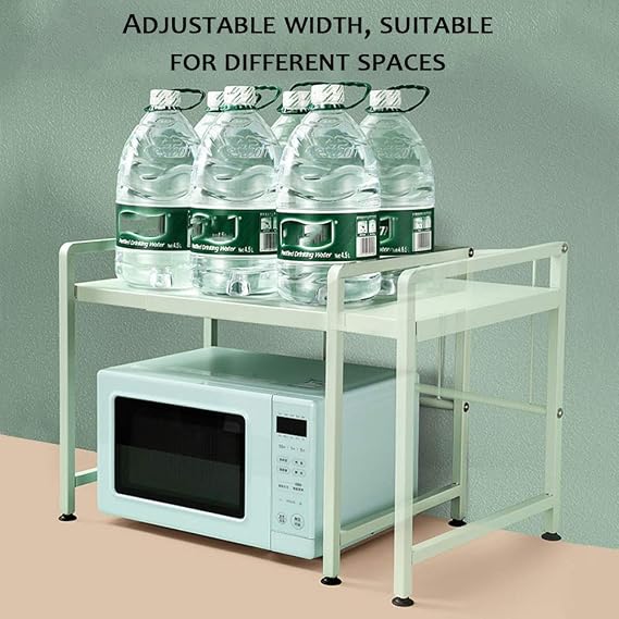 Expandable Metal Microwave Rack Retractable Kitchen Utensils Cooker Rack Dish Storage Cabinet, 2 Tiers, 6 Hooks, Green