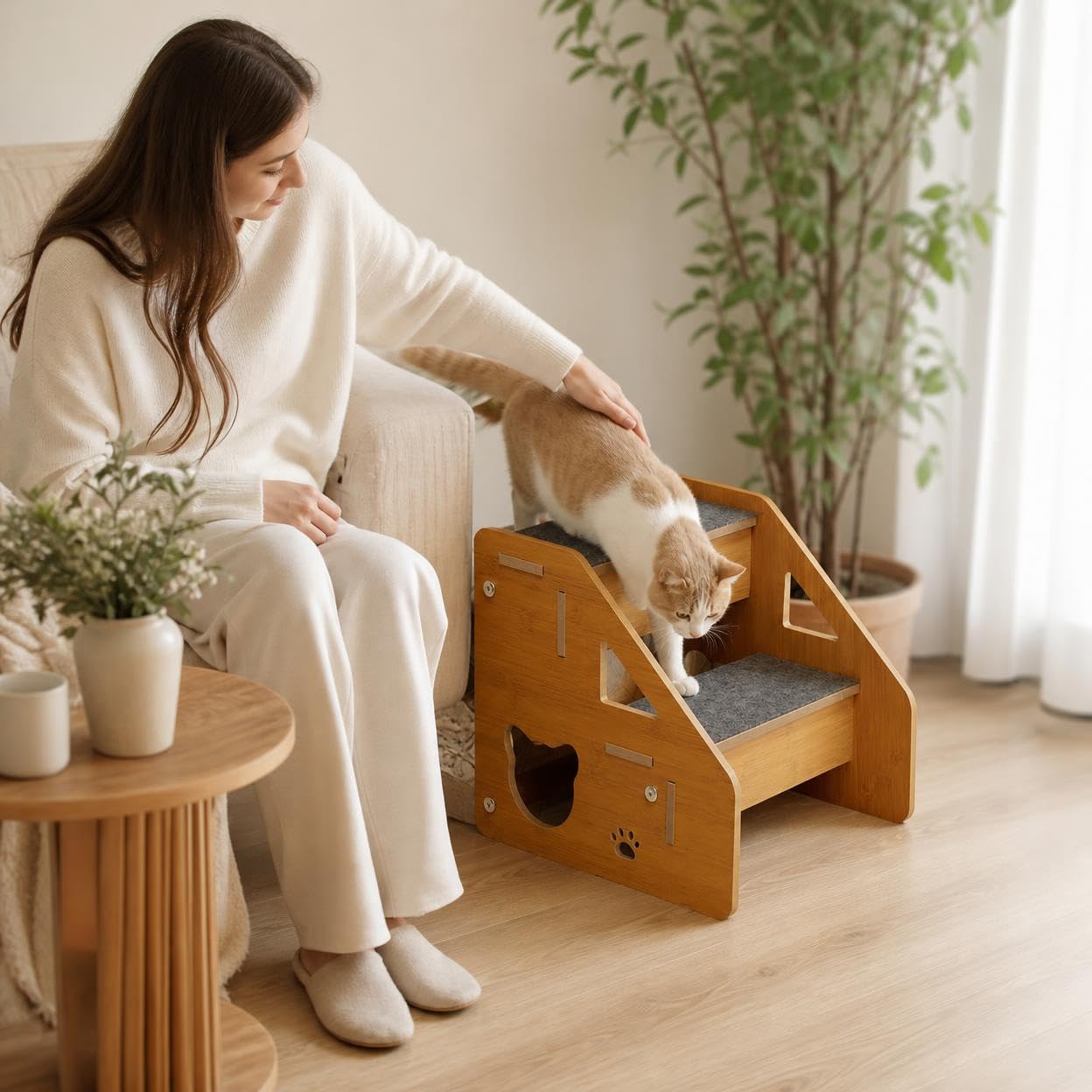 Scaletta per Animali in Legno, Rivestimento in tessuto, Pedana per animali, Accesso ai mobili, style to 1