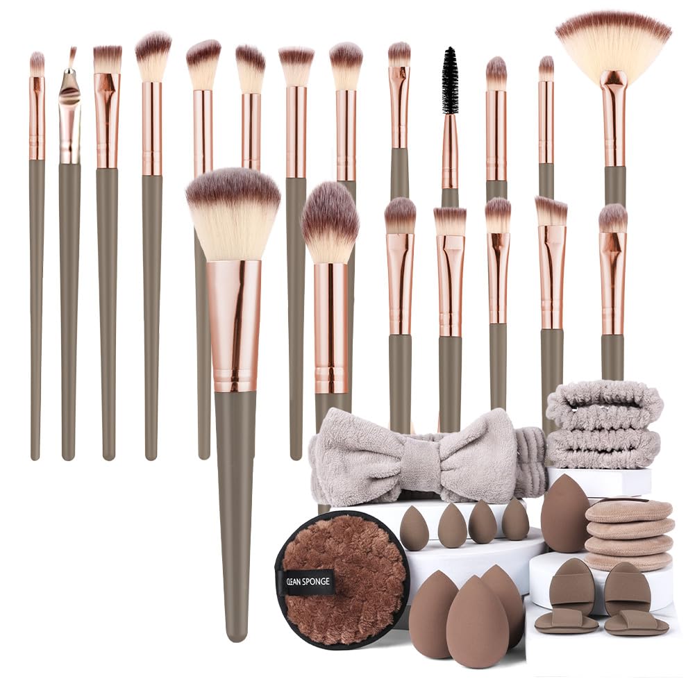 Vicloon Set Pennelli Make up,Kit di 40 strumenti per il trucco di 20 pennelli da trucco e spugne per il trucco,strumenti per il trucco,fasce capelli 2 braccialetti,per fondotinta,palpebra,cipria