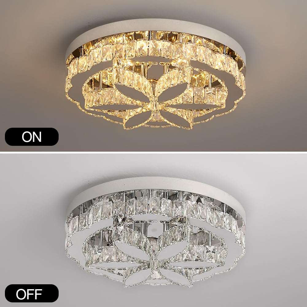 GreeLustr Moderne Kristall Kronleuchter Mit Fernbedienung für Wohnzimmer, Dimmbar Deckenleuchte Kristalle mit Elegantem Design für Schlafzimmer Flur Küche, Silber Deckenlampe Kristall für Decke (50cm)