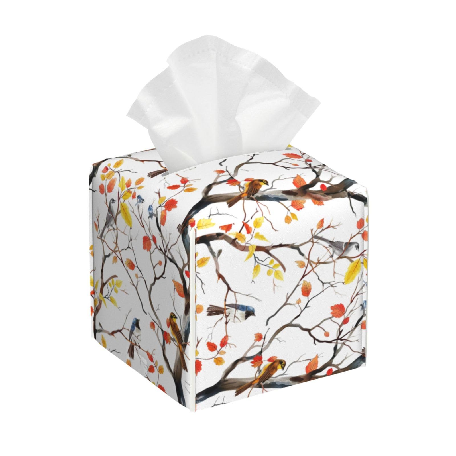 Square Tissue Box Cover, Leather Tissue Cube Box Holder, Fall Autumn Maple Leaves Birds On The Tree Facial Paper Case for Tabletop, Bathroom, Car, Office 5.2"x5.2"x5.2"in