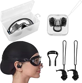 Outus 4 Set Swim Goggles Swimming Cap Set for Men Women, Nose Clips Waterproof Earplugs and Case, Silicone No Leak Anti-fog UV Protection