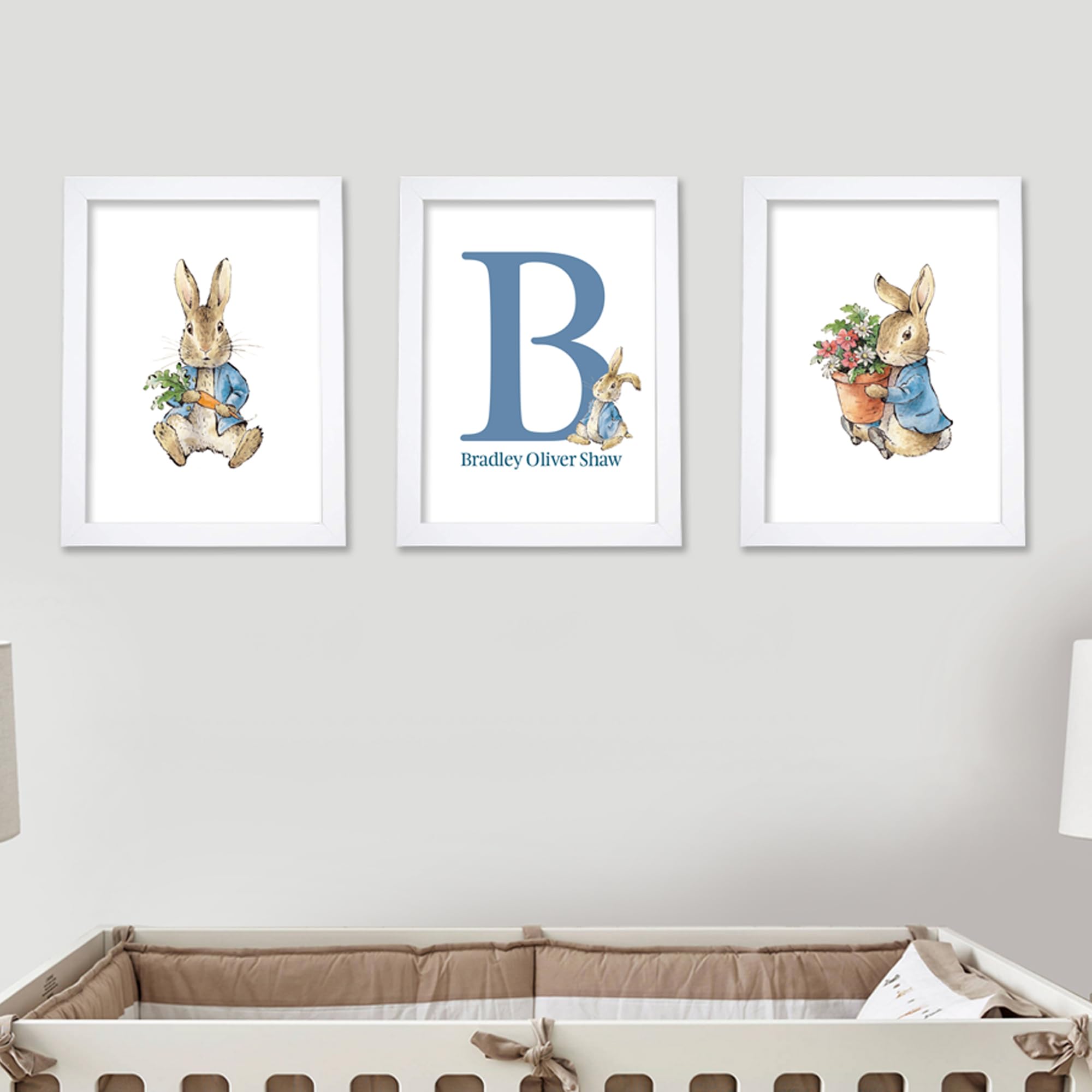 Themed Peter Rabbit Prints - Carrot and Flowers Personalised Name and Letter Set of 3 Prints Nursery Wall Art (A3-29.7cm x 42cm each)