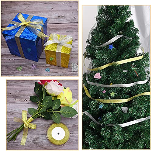 Livder 3/5 Inch Metallic Glitter Ribbon Golden And Silvery 4 Roll 100 Yards For Holiday Wedding Party Decoration Gift Wrapping #TOP6