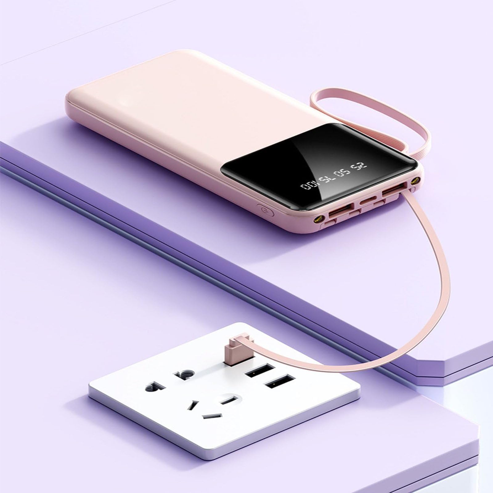 Caricabatterie Portatile Power Bank 20000Mah Display Power Bank, Ricarica Rapida, Power Bank per Ricarica Rapida del Telefono Cellulare, Alimentatore Mobile A 4 Fili,Rosa