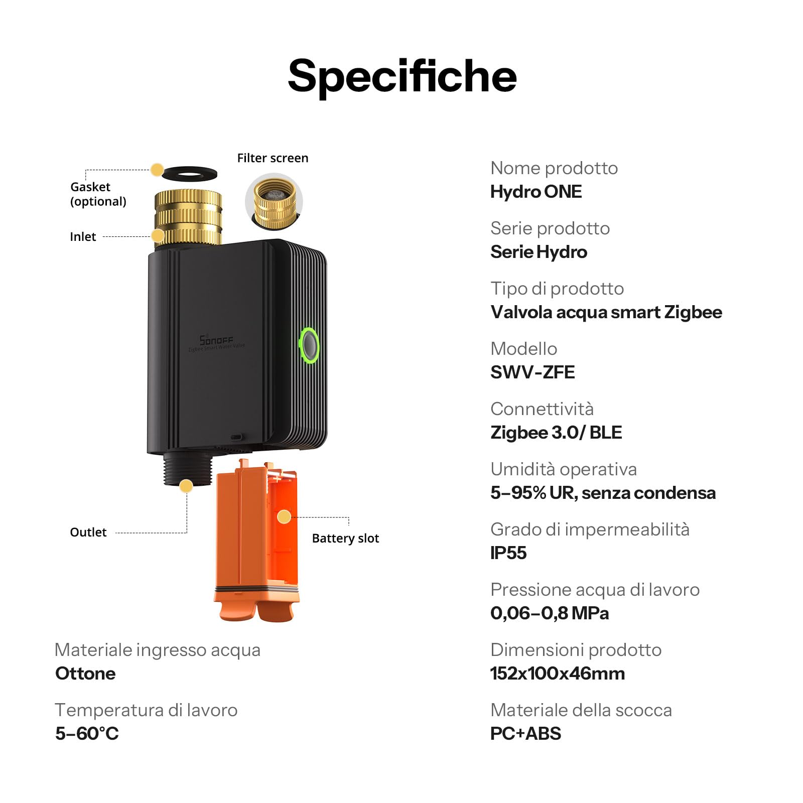 SONOFF SWV-ZFE Hydro ONE Zigbee Smart Timer per Irrigazione con Ingresso in Ottone, Timer per Irrigazione con Programmazione Adattata al Meteo e Misuratore di Flusso per Giardino e Prato, Compatibile