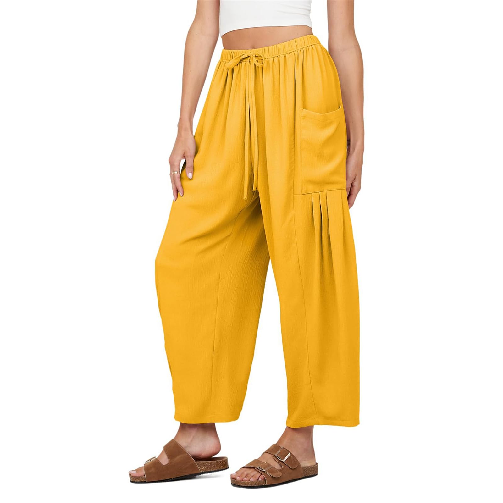 Wide Leg Pants for Women High Waist Drawstring Palazzo Pants Summer Casual Beach Harem Pants Trousers with Pockets Yellow