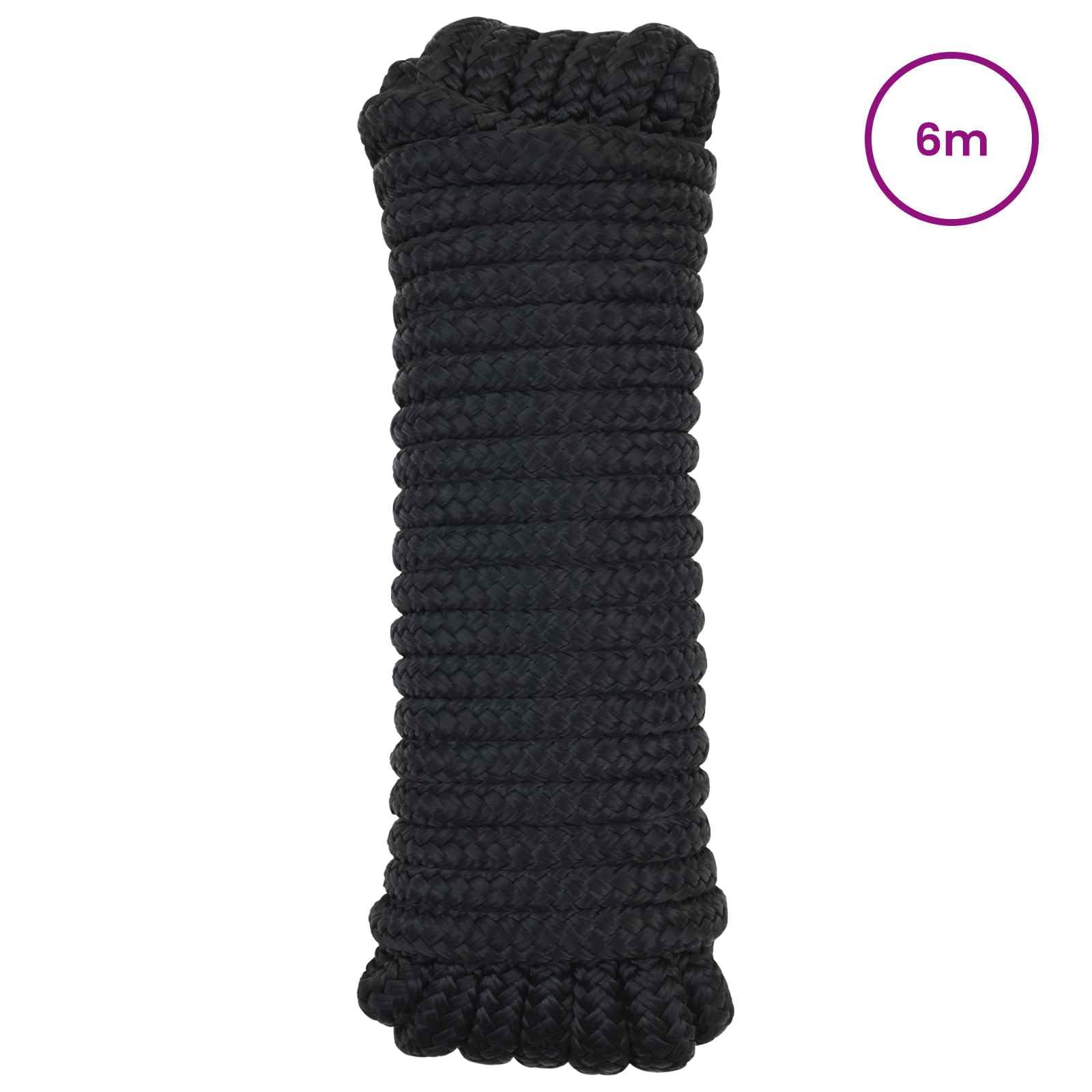 Bootsseil 6m Festmacherleine mit 20mm Durchmesser, Robustes Bootstau aus Polyester, Strapazierfähiges Tauwerk und Ankerleine für Boote, Garten und Freizeit, Schwarz