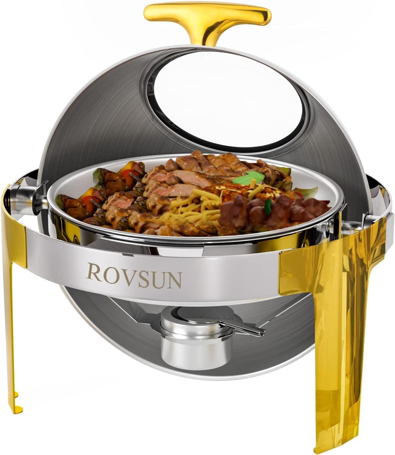 ROVSUN 6 Quart Round Chafing Dish Buffet Set Gold Accent, Stainless Steel Roll Top Chafer for Catering, Food Warmer with Glass Window for Party Wedding Catering Banquet Graduation Event