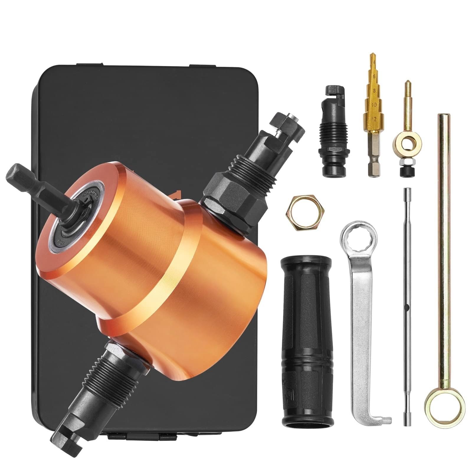 THE WHITE SHOP Double Head Sheet Metal Nibbler Cutter, Attachment with Extra Punch and Die, Cutting Hole Accessory and Step Drill Bit, for Straight Curve and Circle Cutting