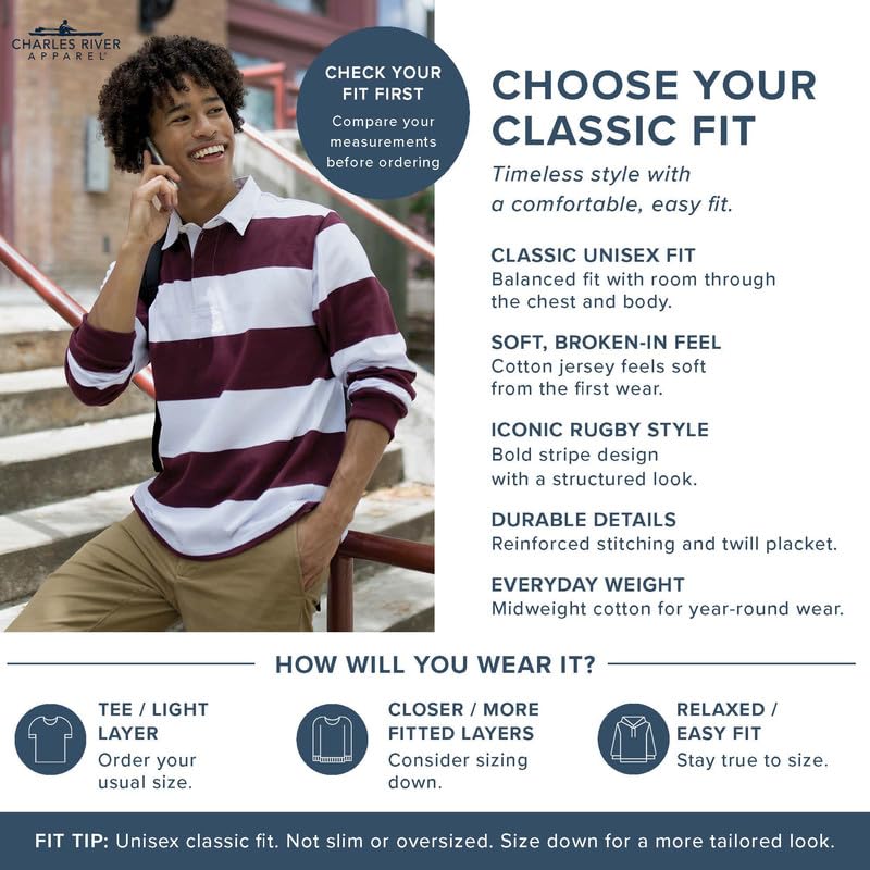 Image of Charles River Apparel Unisex Classic Rugby Shirt, Premium Cotton Jersey with Yarn-Dyed Stripe Design