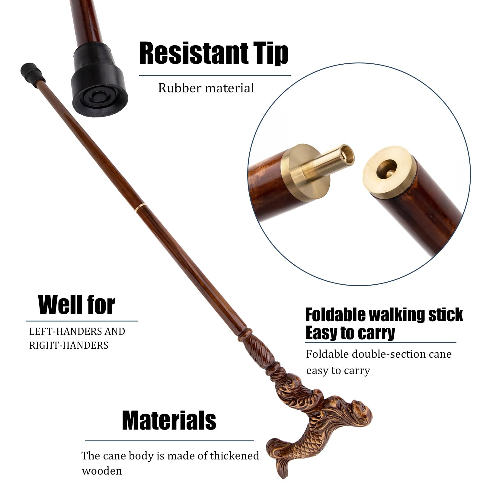 Bastone da Passeggio in Legno con Sirena, Bastone da Gentiluomo 37 Pollici, Manico Ergonomico e Punta in Gomma Antiscivolo Rimovibile, Unisex