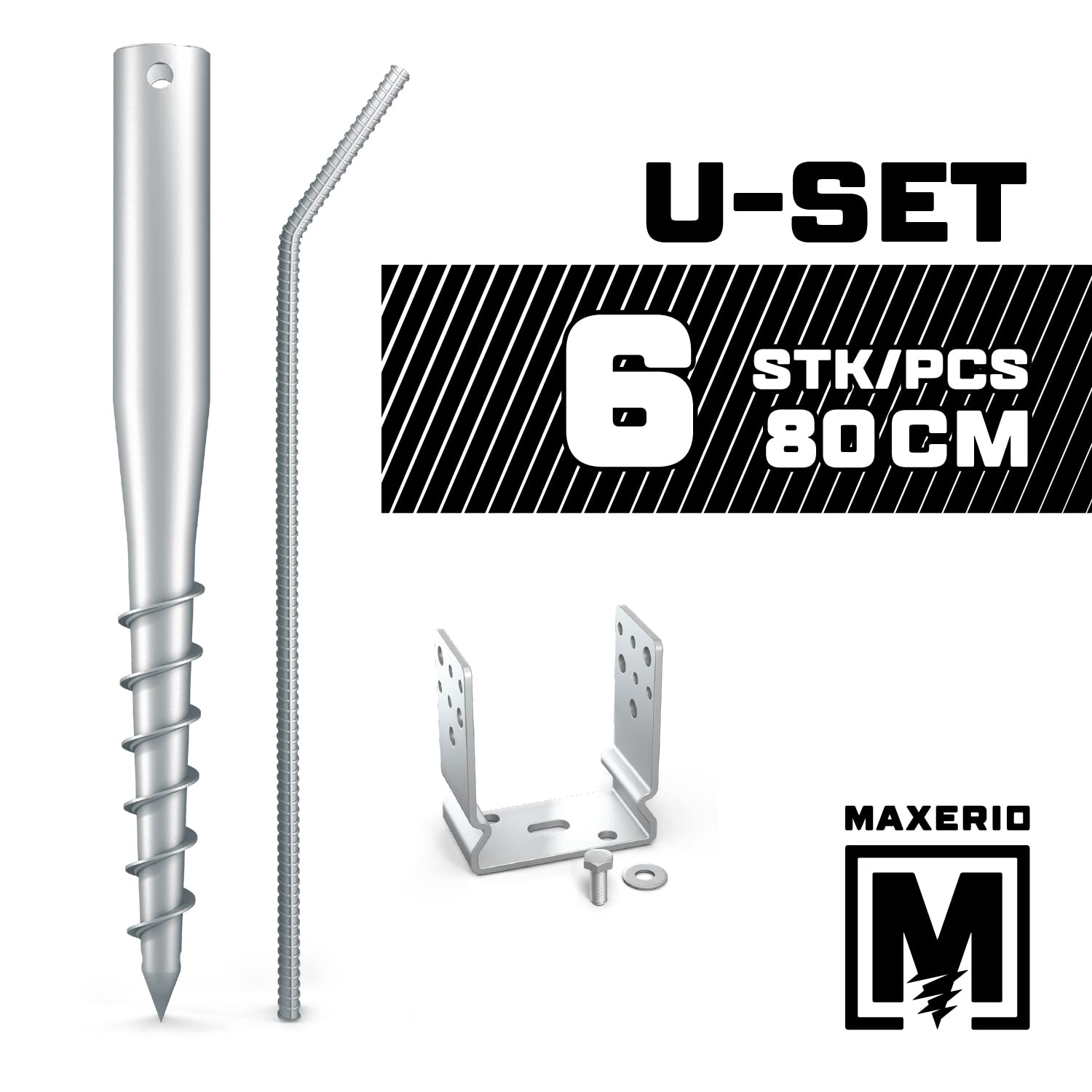 80 cm U-Set 6er Schraubfundamente inkl. 91 mm Pfostenträger; Ø 60 x 2; M12