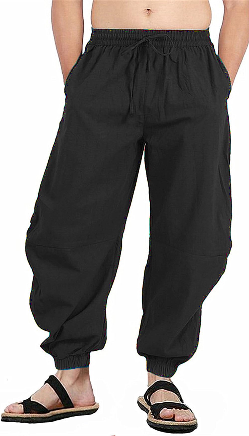 perdontoo Mens Casual Cotton Linen Pant Elastic Waist Drawstring Yoga Jogger Pants