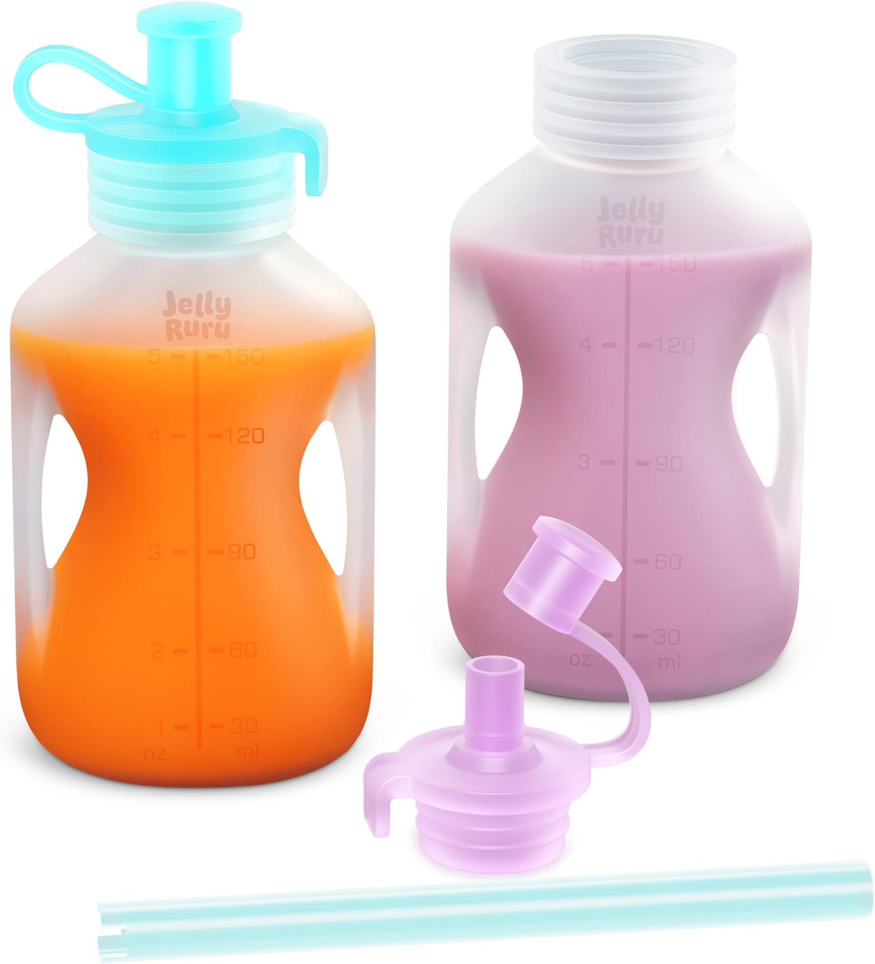 Silicone Reusable Baby Food Pouches with Straws, Leakproof Refillable Squeeze Pouches, Dishwasher, Freezer, Microwave Safe, Baby Food Storage for Homemade Puree, Yogurt, 5 oz, 2 Pieces