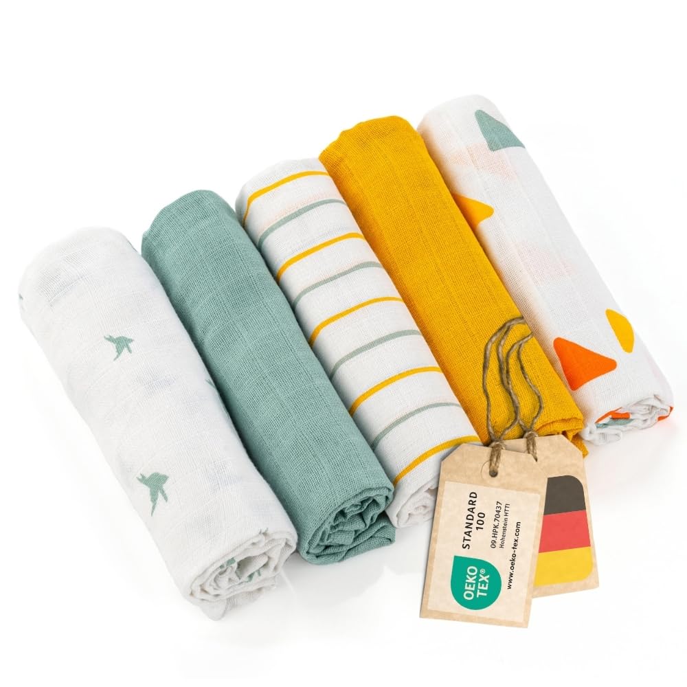 Laloona Baby Bedding Men's Multi-Colour Laloona Muslin Cloths For Baby 5-Pack 70X70 Cm – Soft & Colorful Muslin Squares, 100% Cotton, Oekotex Certified, Ideal As Reusable Diapers, Spit-Up Cloths & Swaddles