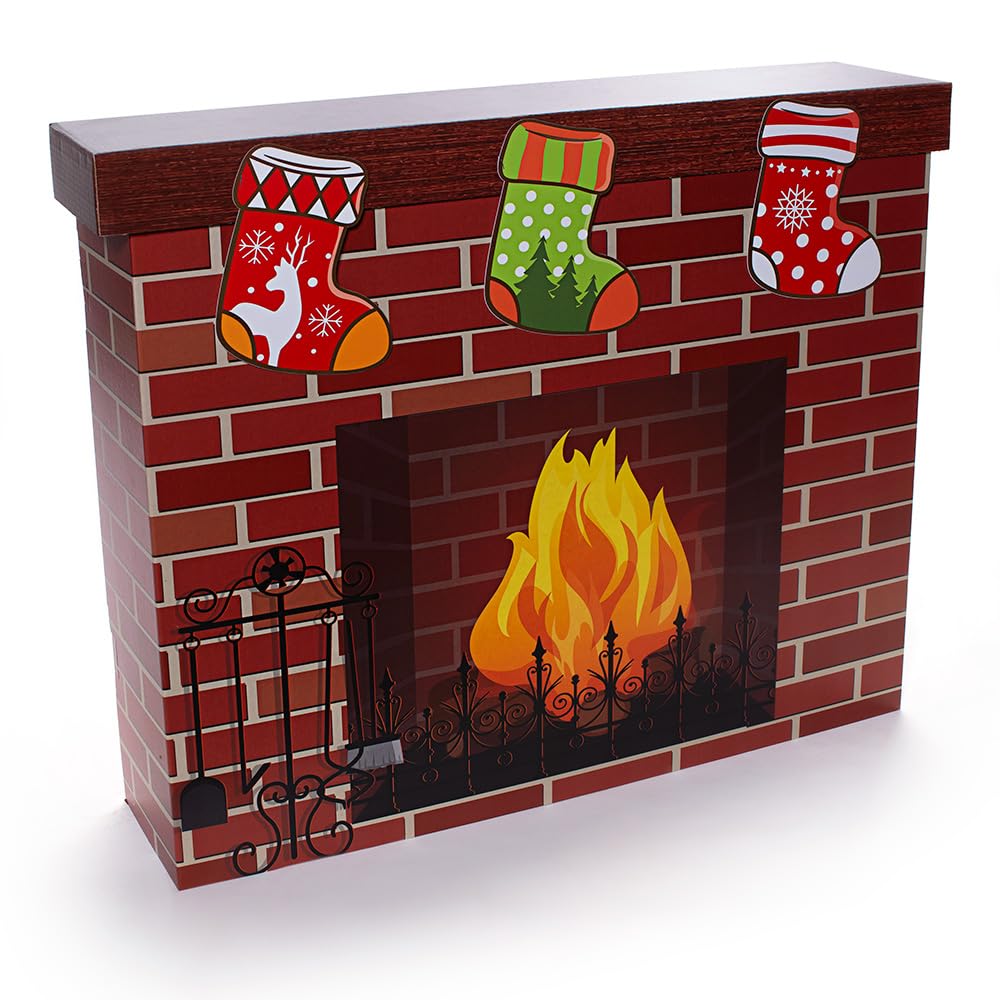 Anderson's Christmas Fireplace with Stockings Decorative Kit – Complete Cardboard Set with Hobby Knife & Hot Glue Gun – Perfect for Photo Ops, Stage Props, Winter Festivals, and More