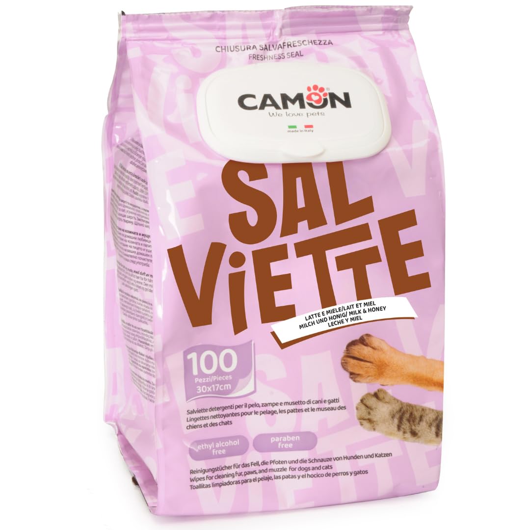 CAMON | Salviette Detergenti per Cani e Gatti, 30x17 cm, Confezione da 100 Pezzi, Fragranza Latte e Miele, Senza Alcool etilico né Parabeni, Made in Italy, Il Pacchetto può variare