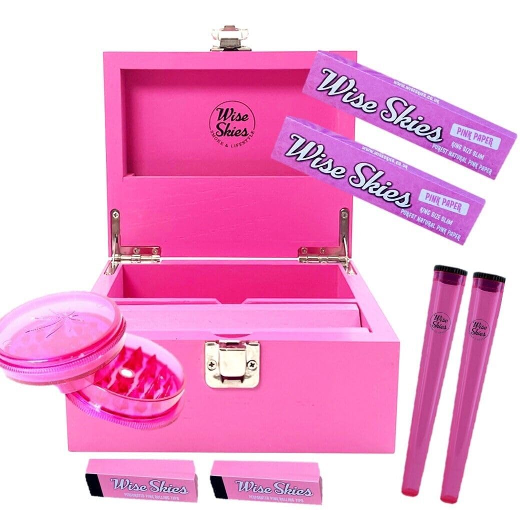 Wise Skies Pink Wooden Rolling Box Set With Papers, Plastic Grinder, Tips And Stash