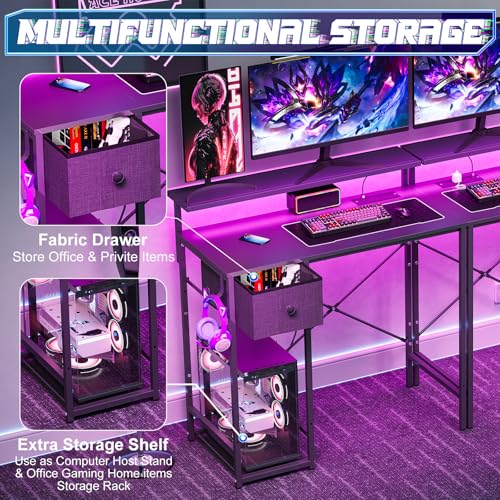 Image of X-cosrack 33.5 inch Small Gaming Desk with LED Lights & Long Monitor Stand, Compact Computer Desk with Power Outlets & CPU Stand, Gamer Table with Storage Drawer for Home Office, Bedroom Corner, Black