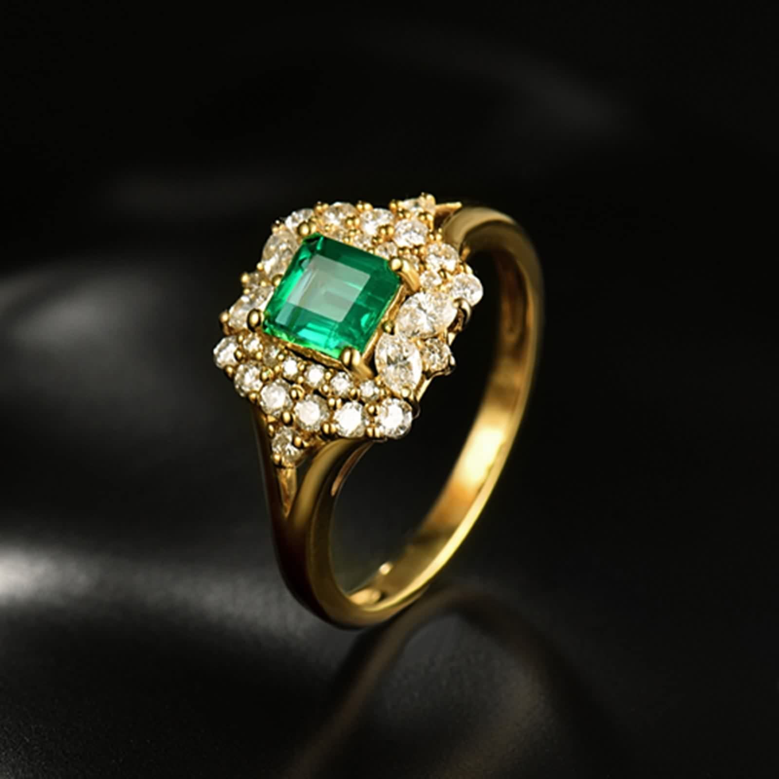 Anillo Esmeralda, Anillos Mujer Joya Oro Amarillo de 18K Esmeralda Cuadrada de 4 Puntas de 0,59 ct Con Diamante de 0,55 ct para Aniversario