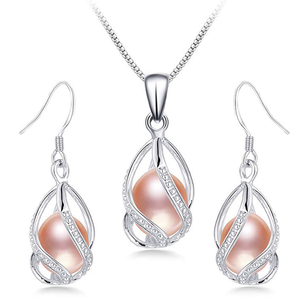HENGSHENGPearl Jewelry Set For Women S925 Sterling Silver/14K Gold Plated Necklace & Earrings Set Freshwater Pearl Pendant Cage Set for Wedding Anniversary Prom Birthday Gift