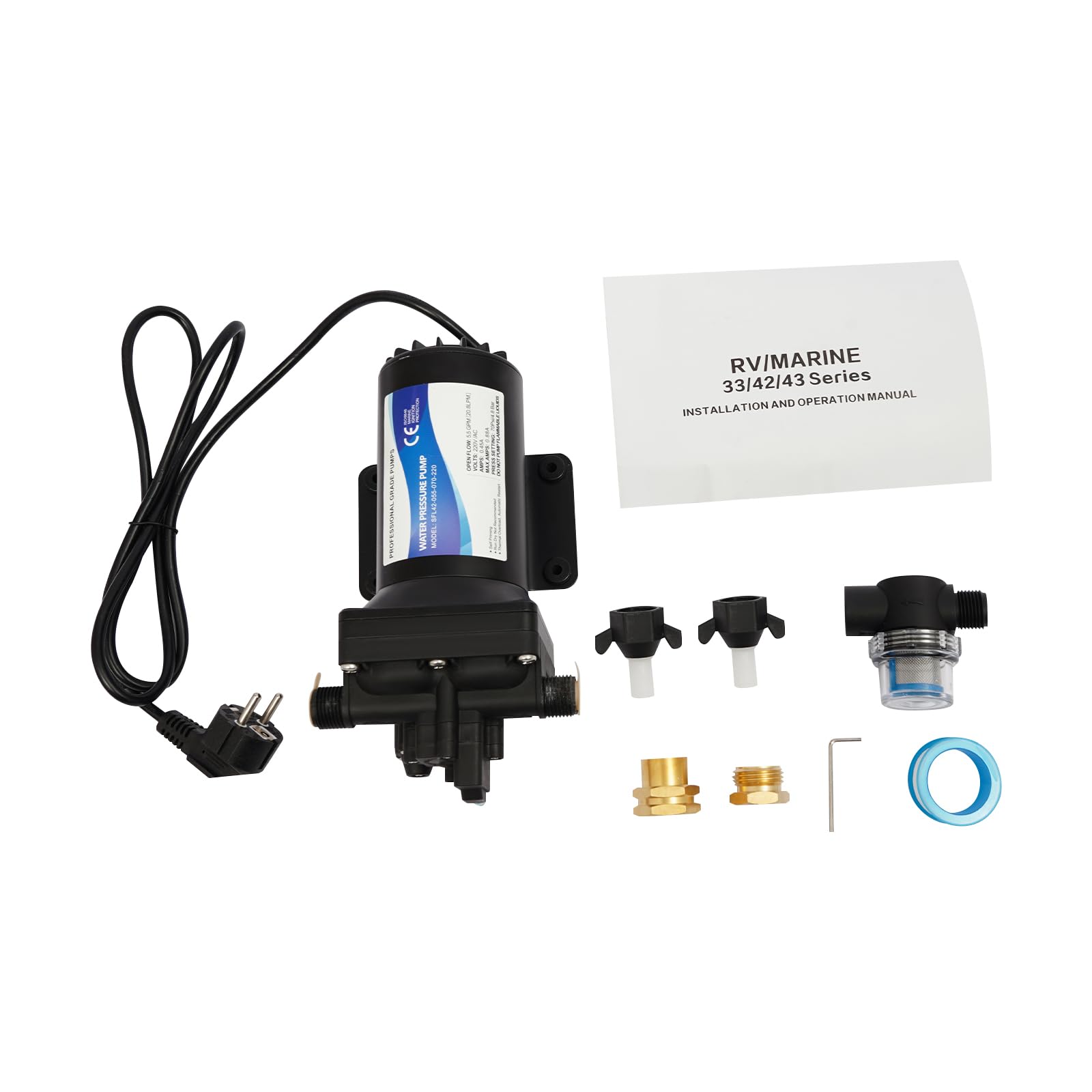 Membran-Druckpumpe 184 W, 20 l/min, Saughöhe 3 m, Förderhöhe 40 m, Druckwasserpumpe (2,4–5,6 kg), Ein-/Auslass φ20 mm (Außengewinde), Membranpumpe mit 1/2 Zoll Schlauchanschluss für Camping, Boote