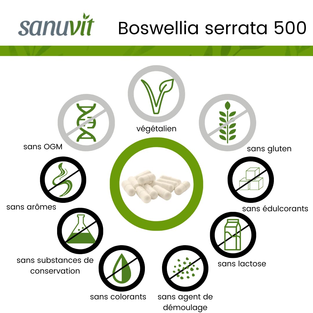 Sanuvit® - Boswellia Serrata 500mg | Hautement dosé avec 500mg de Boswellia serrata indien par capsule | Haute biodisponibilité | avec matière première premium Boswellin® | Végétalien | 180 capsules