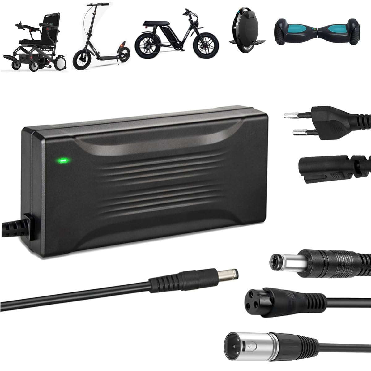 54,6 V 4 A Batterieladegerät für 48 V E-Bike, Scooter, Elektrofahrräder, Rollstühle, Mobilitätsgeräte, Elektroroller Ladegerät 48V 4a mit 3 Anschlüssen GX12 3P-XLR DC5521 Stecker
