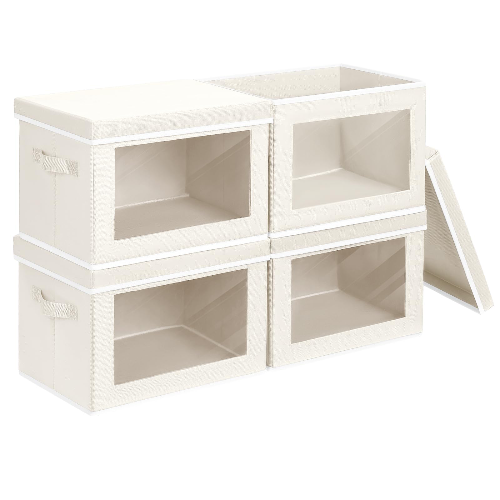 Fabric Storage Bins with Lids, Decorative Storage Boxes, Closet Storage Bins with Window, Storage Baskets for Closet, Closet Organizers for Towel, Clothes, Beige, 4-Pack