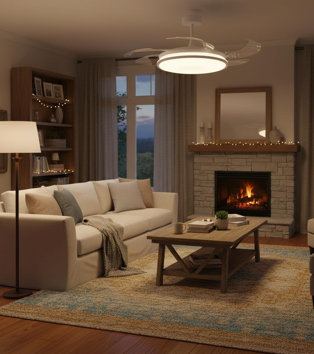 BEL AIR HOME - Ventilador de techo DUNE con Aspas Desplegables Luz Led 36W en 3 Temperaturas de Luz con Mando a Distancia -Motor DC Eficiente y Silencioso (BLANCO)