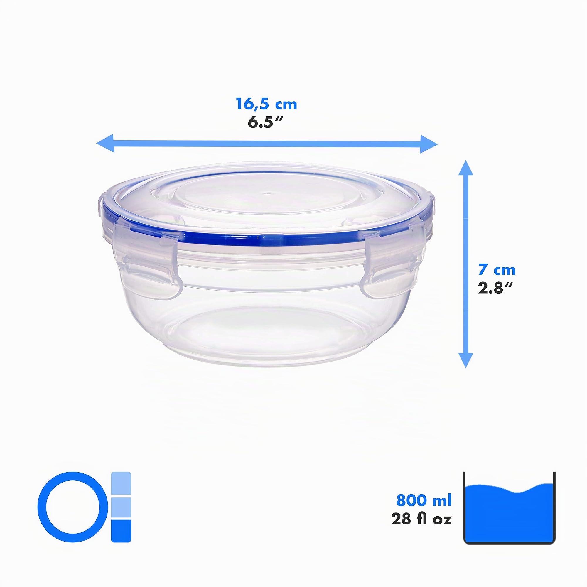 Grizzly set contenitori per alimenti in plastica, 8 contenitori con coperchio, piatti, rotondi, impilabili, lavabili nel microonde e in lavastoviglie