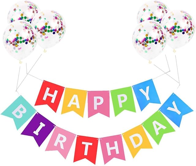 AUERVO Happy Birthday Banner, Large Colorful Birthday Bunting with Colorful Letters and 6 Pcs Confetti Balloons Party Decorations kits for Any Ages's Party Supplies