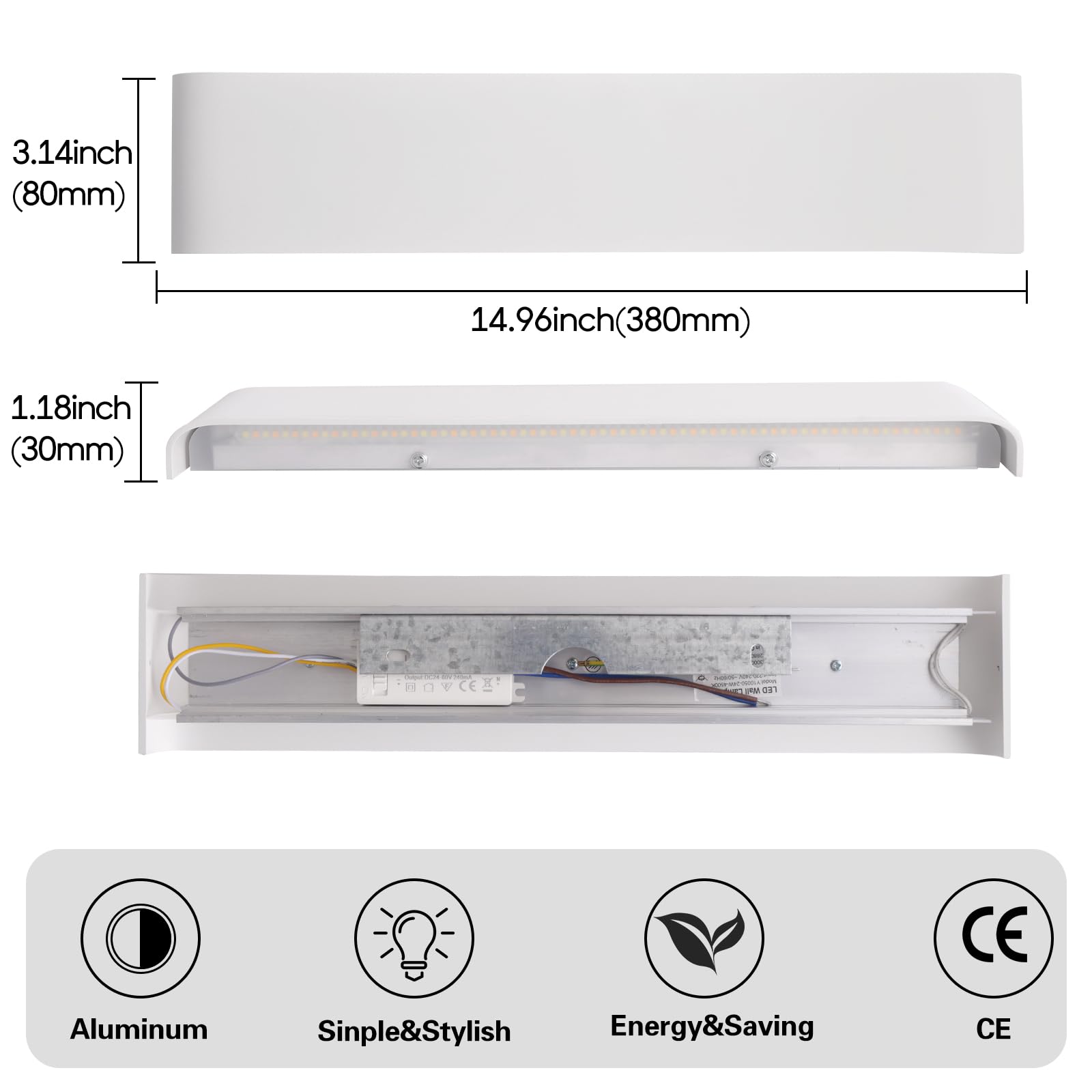 YCZM Applique da Parete Interno 24W,Lampada LED Parete Interni 3000K/4000K/6500K Temperature a tre colori opzionale,Applique LED da Parete Interno 38CM 2880LM,Lampada a Muro 4 Pezzi Bianco