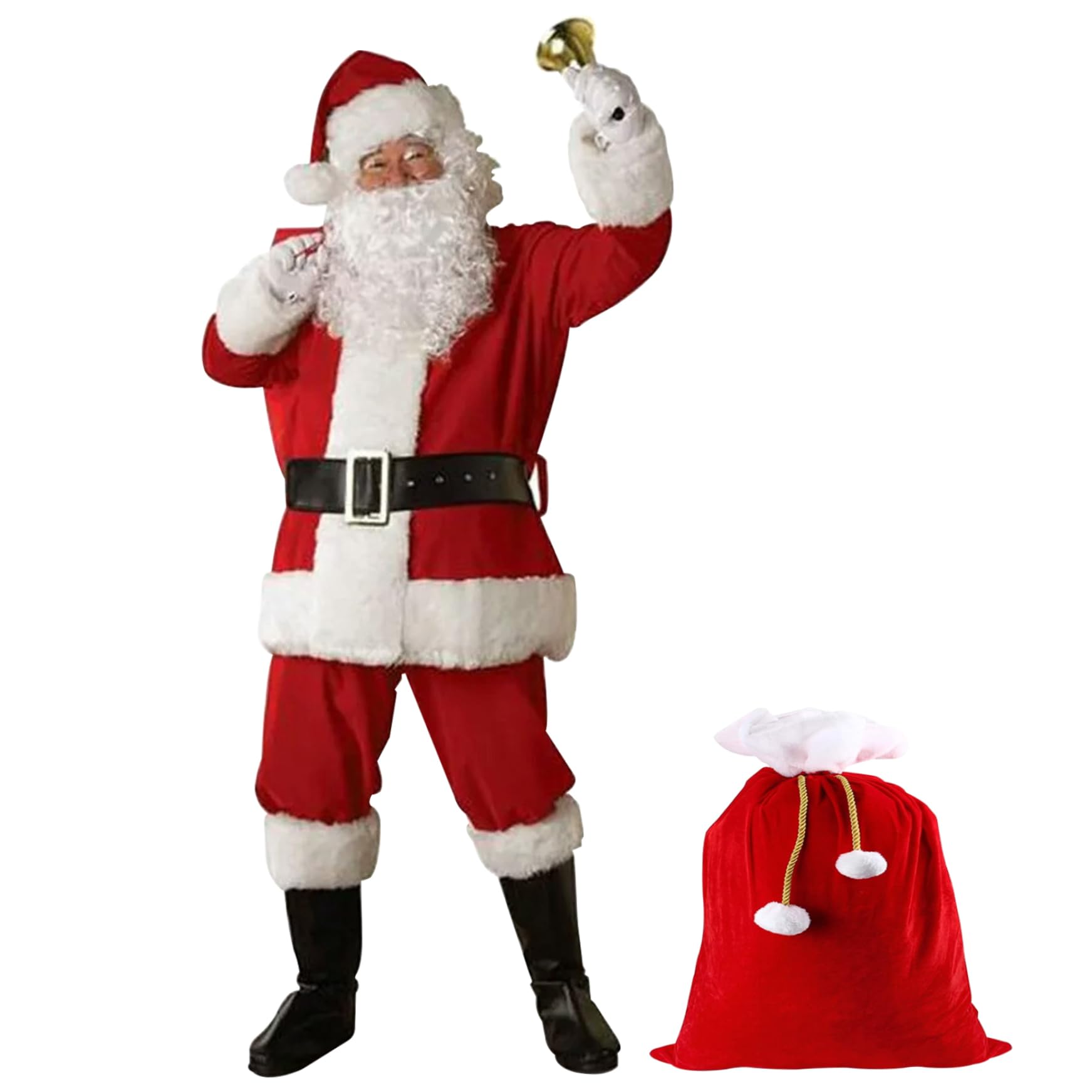 Costume de Père Noël 11 pièces/ensemble tenue de Père Noël pour hommes et femmes, costumes comprenant une veste, un pantalon, un chapeau, une perruque, des lunettes, des gants, cloches