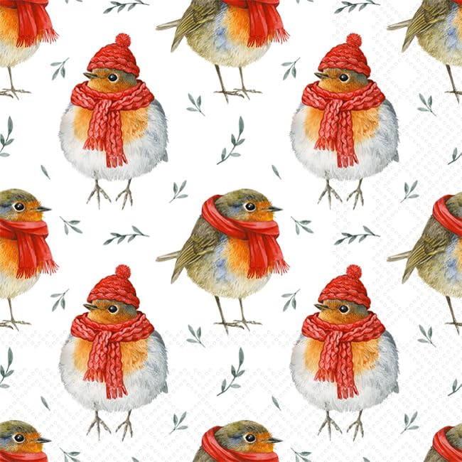 IHR Ideal Home Range Cocktail Napkins Disposable 3-Ply Paper Party Napkin Pack 5 x 5 Robin In Winter 20-Count