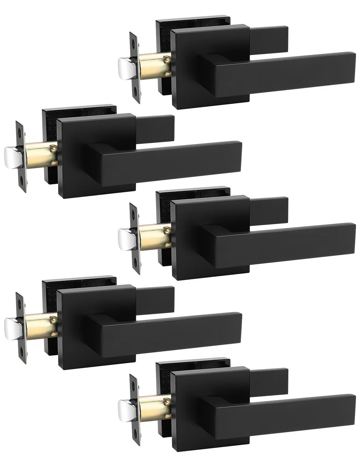 Tinewa 5 Pack Square Black Door Handles Interior, No Lock Passage Door Lever for Left or Right Handing, Heavy Duty Matte Black Closet Door Handle Sets