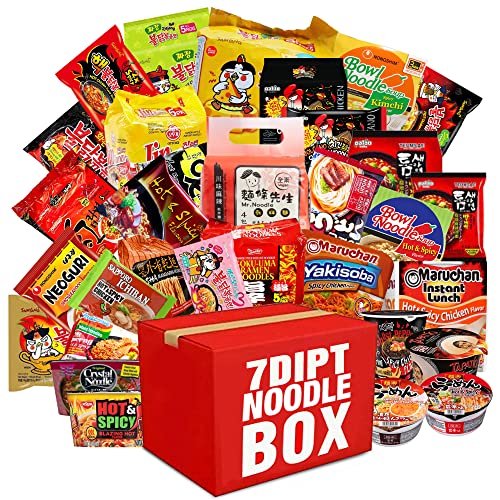 7Dipt Hot & Spicy Asian Instant Noodle Box W/Fortune Cookie & Chopsticks - Nissin, Samyang, Mama, Acecook, Kung-Fu, Ottogi (Hot & Spicy, 15 Pack) #TOP6