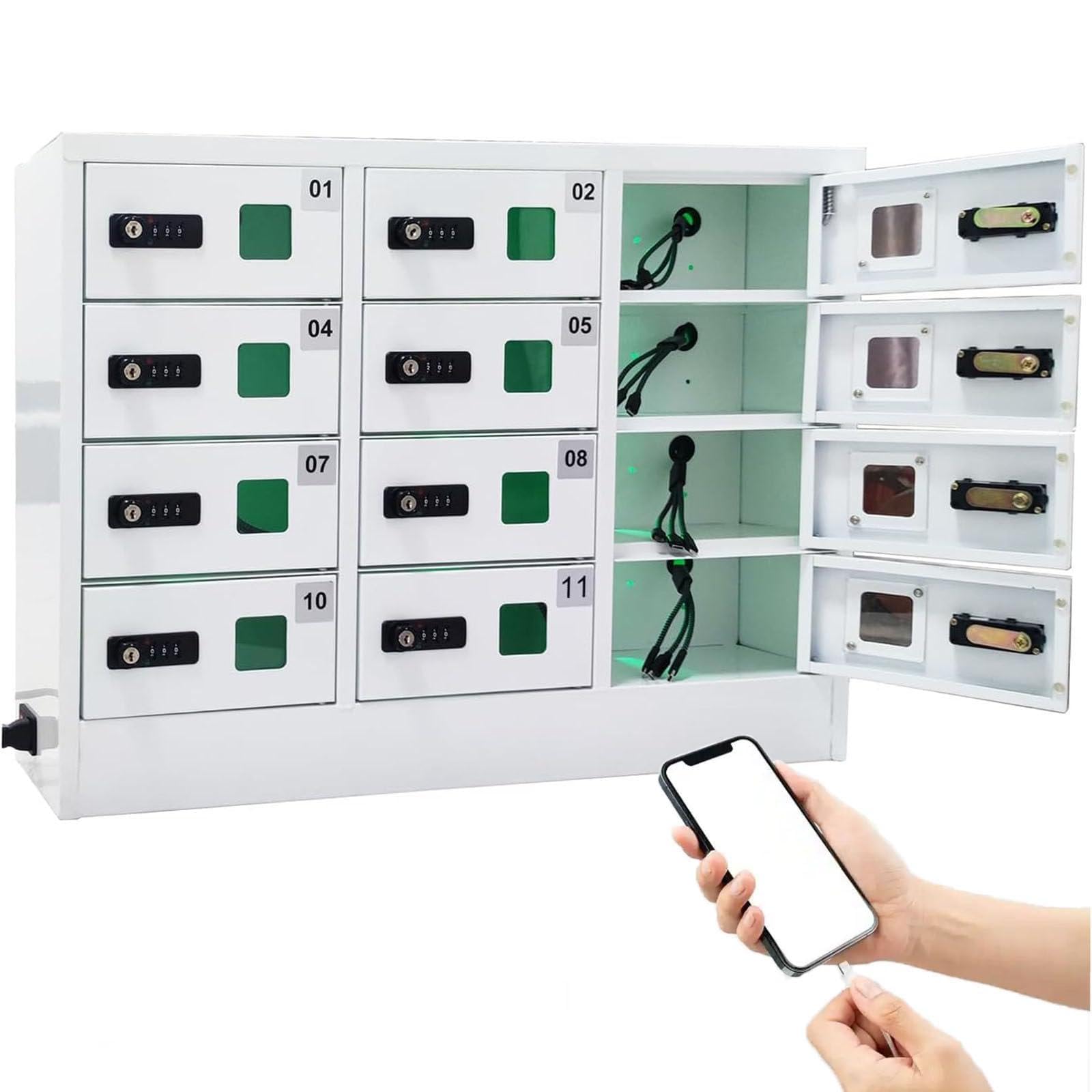 ylpddmm Phone Charging Stations,Multi Compartment Mobile Phone Storage Box,12 Slots Cell Mobile Phone Steel Locker,with 3 in 1 Charging Cable Combination Lock