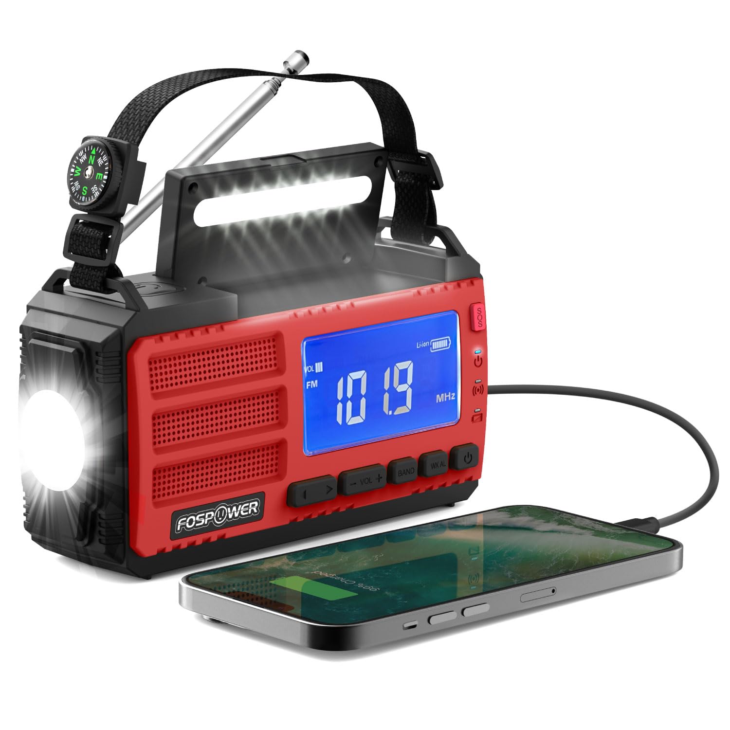 FosPower NOAA Emergency Weather Radio D8 37000mWh Portable Power Bank, AM/FM, USB/Solar/Hand Crank Charging, SOS Alarm &amp; Flashlight for Indoor/Outdoor Emergency - Red