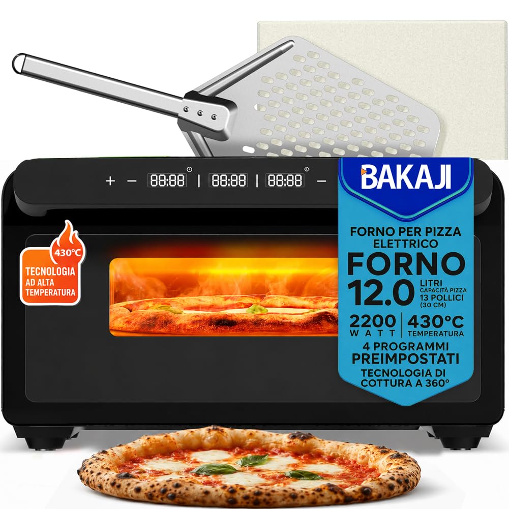 BAKAJI Forno Elettrico per Pizza Potenza 2200Watt, Pietra Refrattaria da 32 cm, Cottura in 3 Minuti, Calore Omogeneo 360°, Pizza Maker con Timer Regolabile, Temperatura 150-430°C, Nero