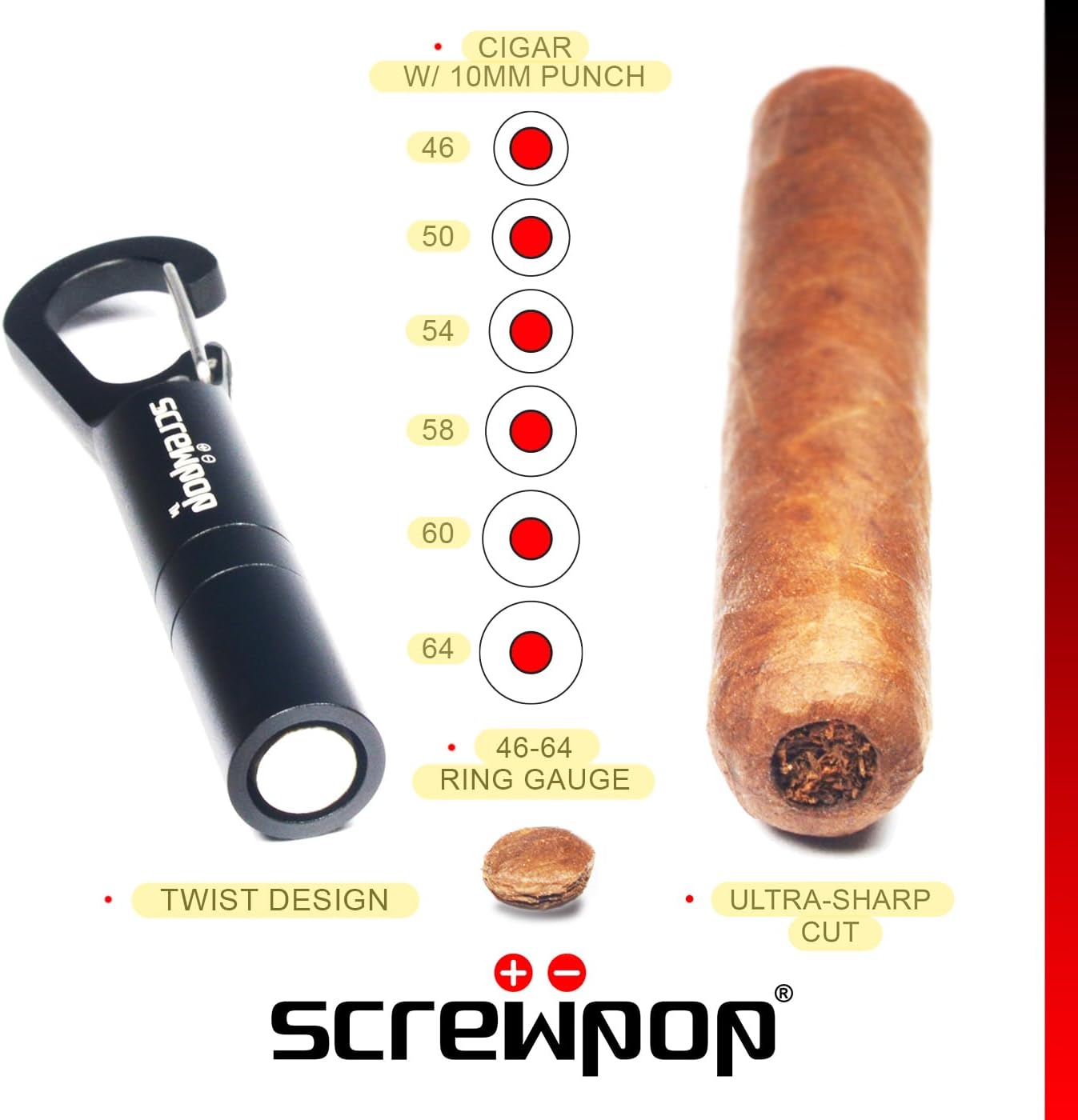 Screwpop Telescoping Cigar Punch 4.0 Ultra-Sharp with Twin Prong Nubber Carabiner Clip Bottle Opener Anodized Black