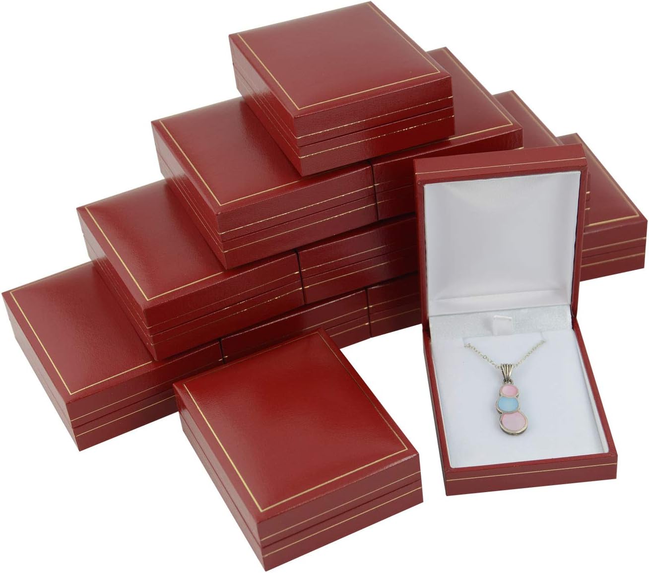 Box Displays 10 x Stunning Leatherette Pendant Drop Earring Chain Boxes - Jewellers Wholesale Pendant Box Suppliers (Red)