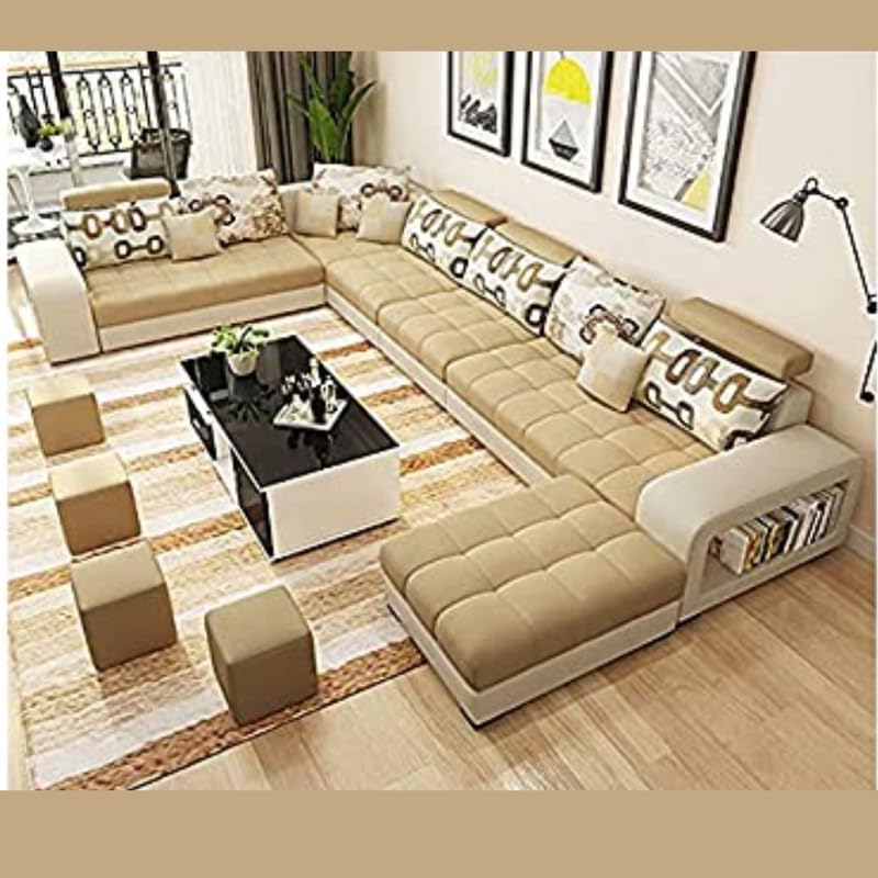 Homax. Enigma Interchangeable Solid Sal Wood U Shape/Sectional Sofa Set-Couch 12 Seater with 4 Pouffe for Living Room,Set of 21 Items, in Velvet Fabric,Color-Beige.-image-13