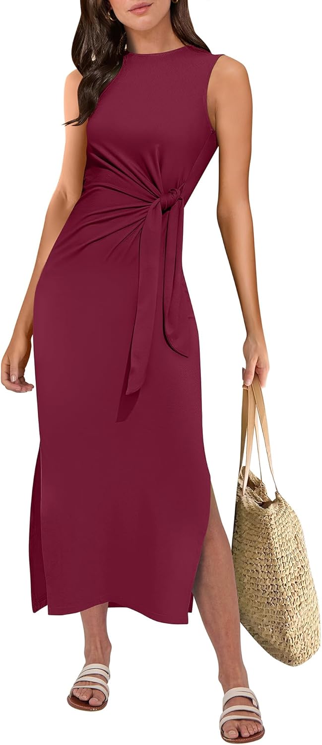 ANRABESS Womens Summer Casual Sleeveless T Shirt Midi Dress Slim Fit Tie Waist Split Tank Long Dresses 2025 Vacation Sundress