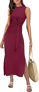 Womens Summer Casual Sleeveless T Shirt Midi Dress Slim Fit Tie Waist Split Tank Long Dresses 2025 Vacation Sundress - Buy now