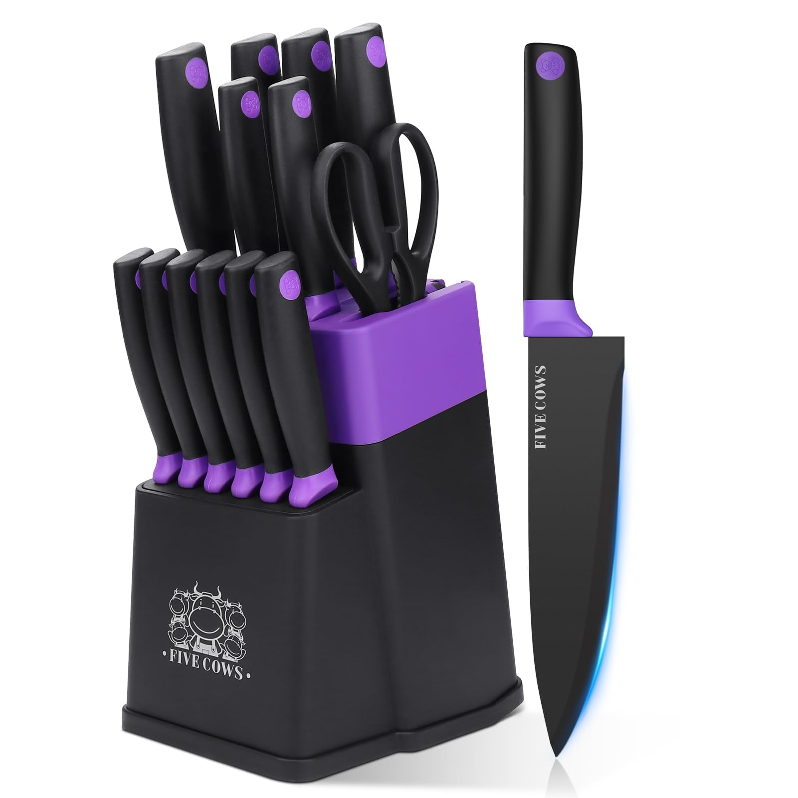 FIVE COWS Messerblock Set, mit 14-teilige, Küchenmesser Set, mit Selbstschärfender Messerblock, mit steakmesser und Schere, Beschichtung verhindert Oxidation, professionelles Set für Zuhause (Violett)