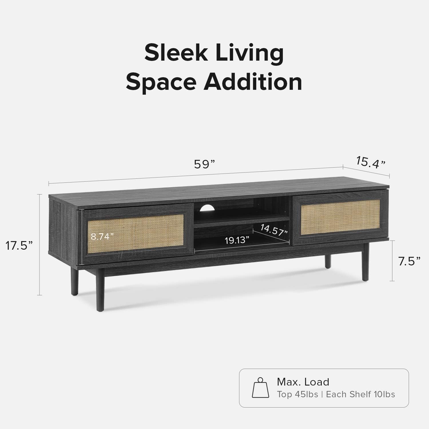 mopio Haylee TV Stand, Modern Farmhouse Television Stand for 55/60/65 inch TV, Natural Rattan Boho Entertainment Center with Storage, Media Console Credenza Table for Living Room, Bedroom (Black 59")
