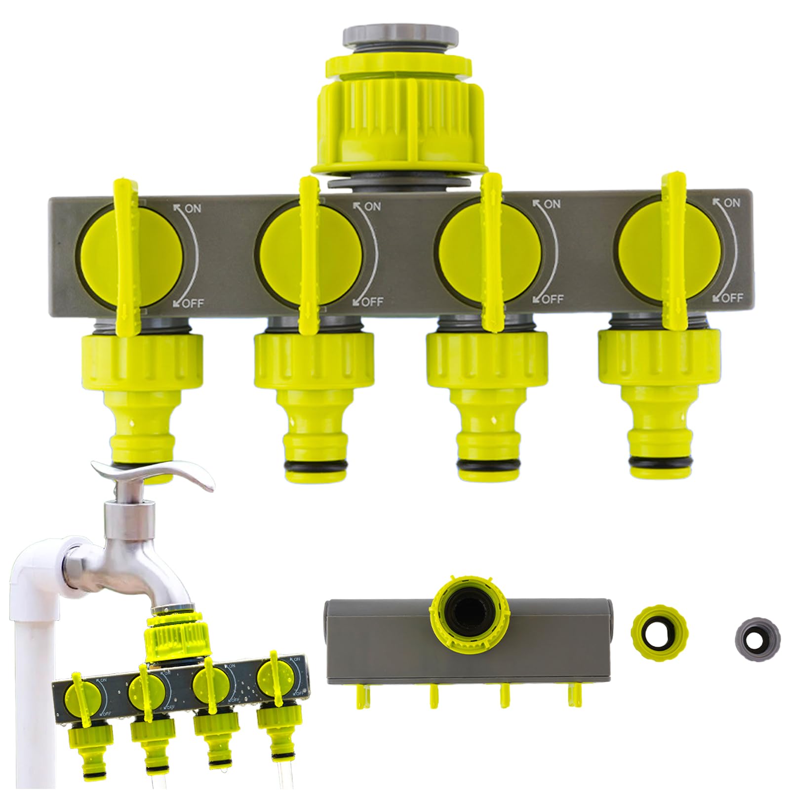 RoseFlower Hose splitter 4 way, Multi-Tap Connector Watering, Hose connectors, Ideal for Creating 4 Circuits on a Single Tap, Independent Flow Valve for Each Outlet, Garden Outdoor Tap Splitter -Green