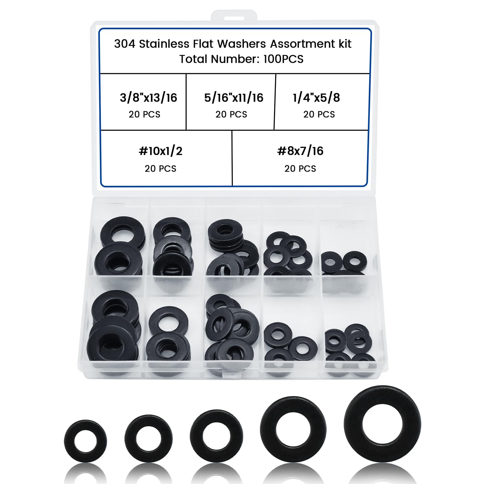 Photo 1 of 100 Pcs 5 Sizes Washers Assortment Kit, Black 304 Stainless Flat Washers